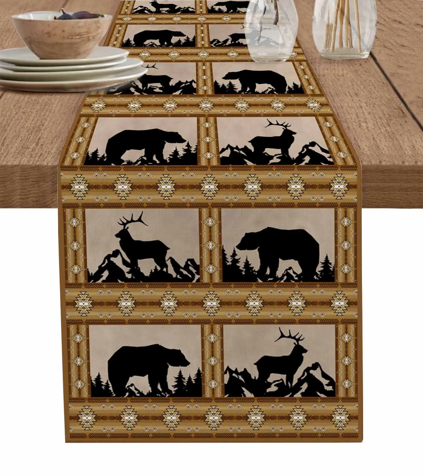 Geometric Pattern Of Bear Deer Table Runner Cotton Linen Wedding Table Decor Tablecloth Kitchen Decor Table Runner