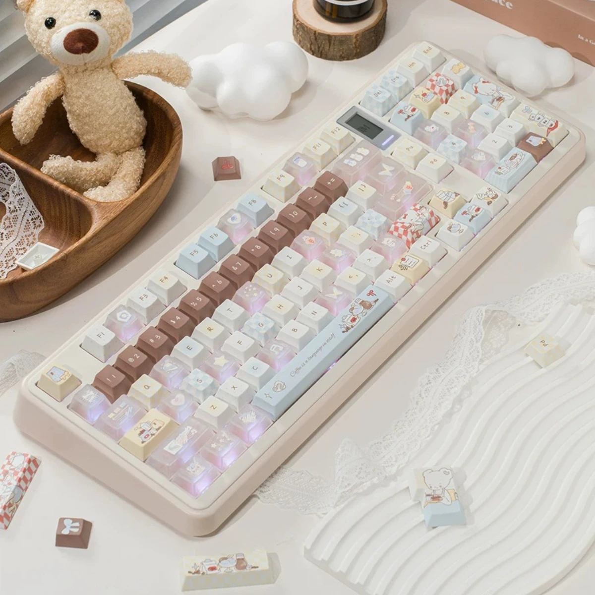 MAIMOOO Little Bear Cafe Keycap MOA Cherry Profile PBT/PC Custom Blue Brown Cute Keycaps for Mechanical Keyboard Girls Gifts