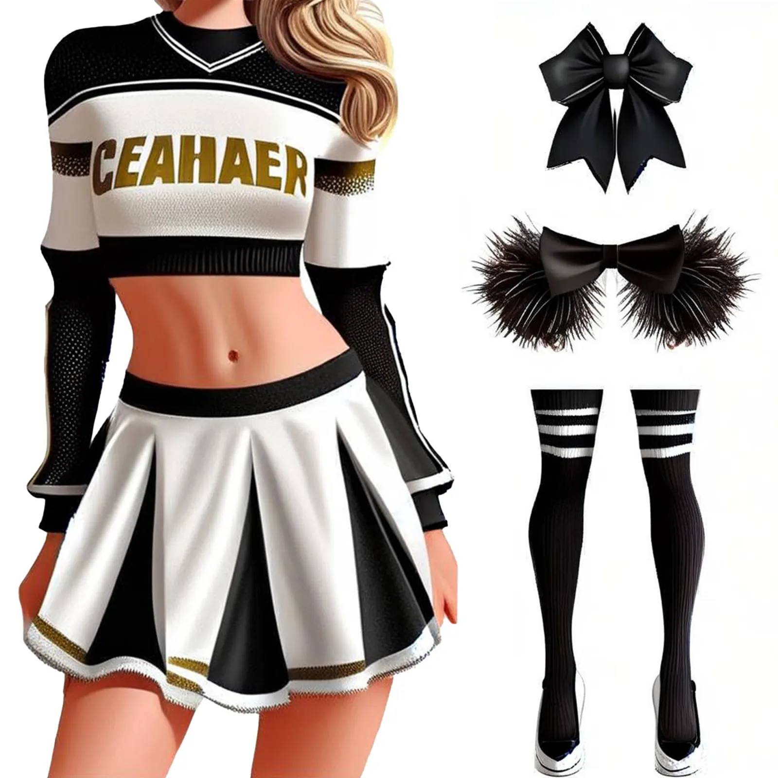 Women Cheerleading Crop Top And Miniskirt with Bowknot Hairband Flower Balls And Stockings Competition Shiny Cheering Dance Suit