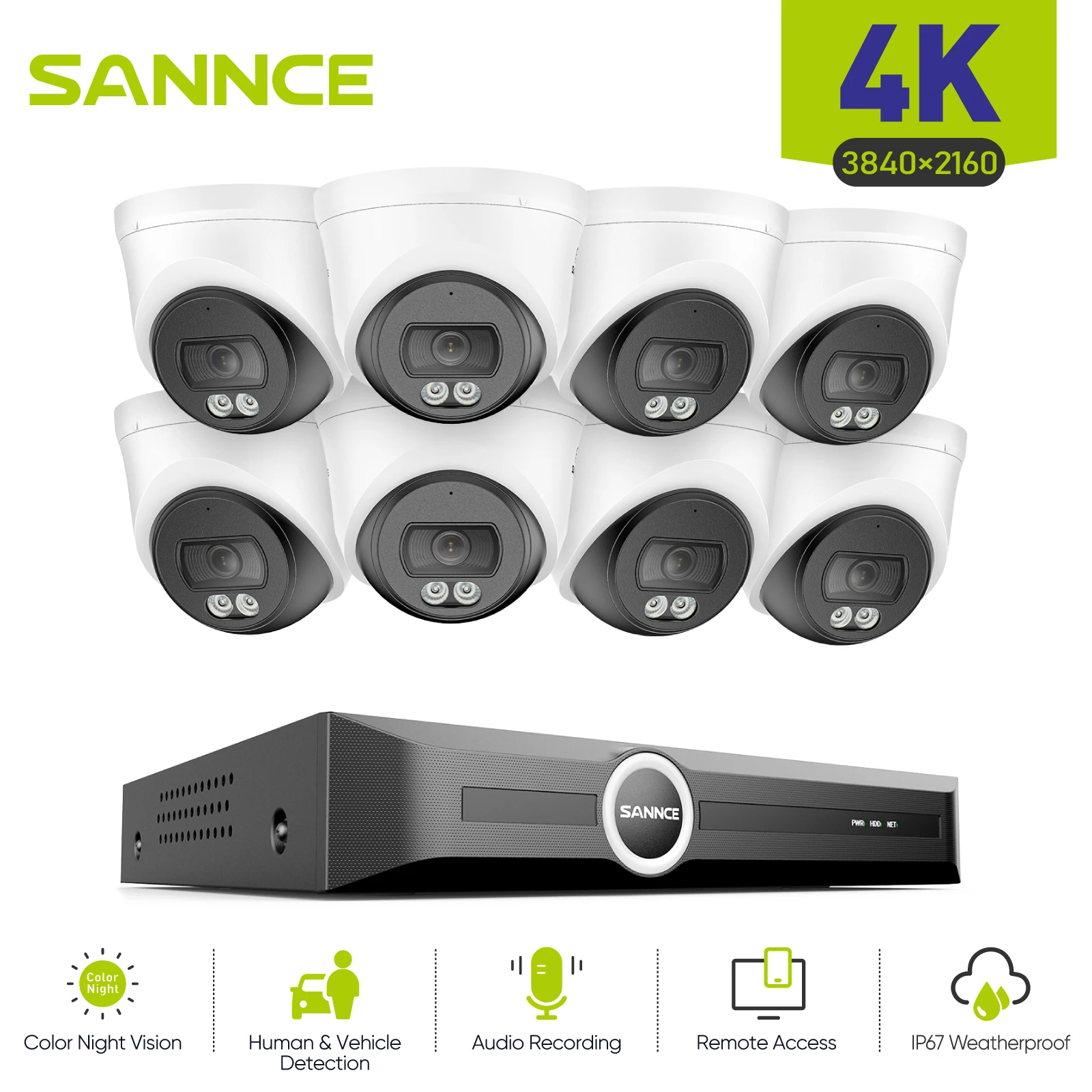 SANNCE 8MP PoE Security Camera Outdoor, 8CH NVR with 2.8mm 4K Home Surveillance Cameras, H.265 Two-Way Audio, AI Human Vehicle Detection, 128° Dual Light Night Vision CCTV Surveillance Camera ONVIF