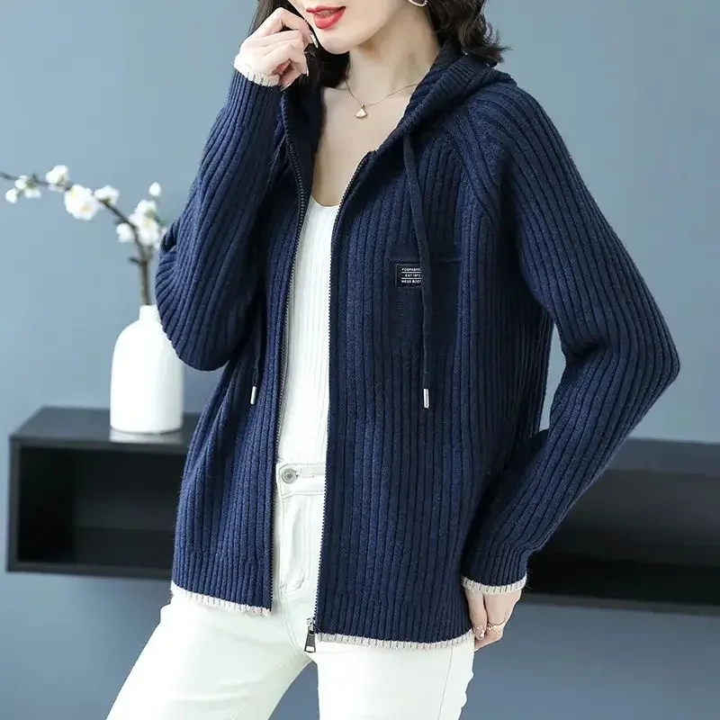 

Женская мода 2024, весенне-осенняя вязаная бейсбольная куртка - короткая толстовка с капюшоном на молнии, корейский модный дизайн