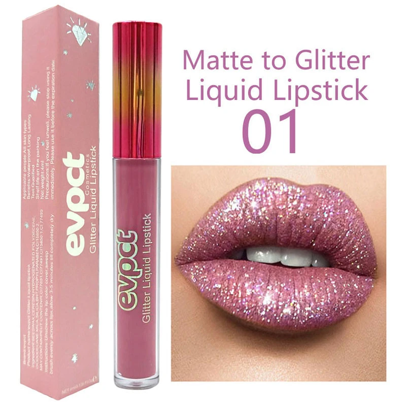 Batom Matte Diamond Illusion Glitter, Brilho Labial Metálico, Espumante, 15 Cores