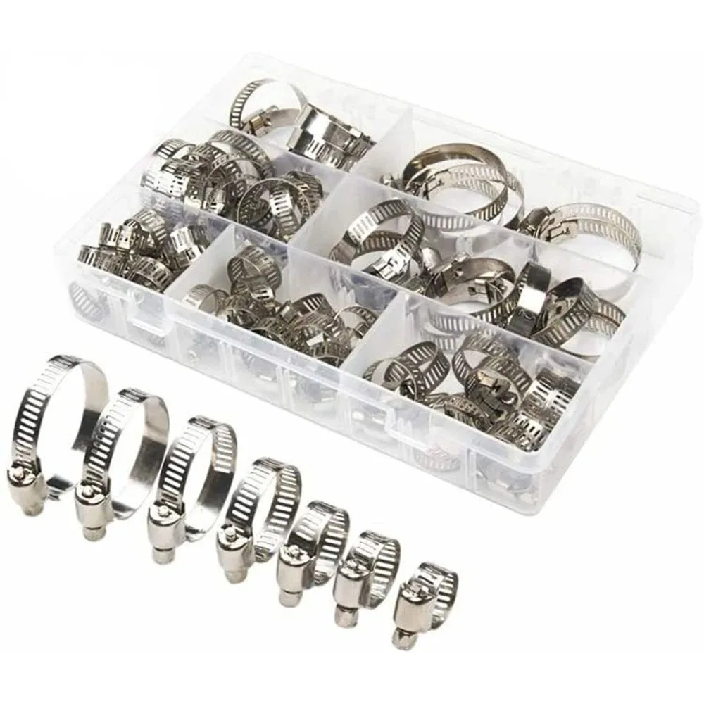 60Pcs 8‑38mm Adjustable Stainless Steel Worm Gear Hose Clamps Car Fuel Pipe Clips Multi‑Purpose Pipe Fastening Accessories
