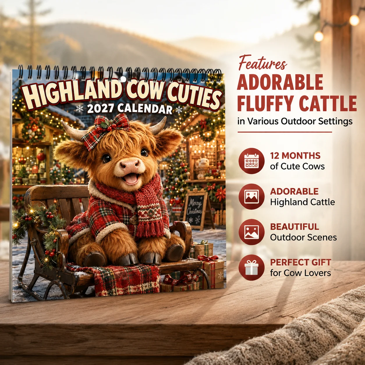 Highland Cow Cuties Wall Calendar with Large Writable Date Blocks Features Adorable Fluffy Cattle in Various Outdoor Settings