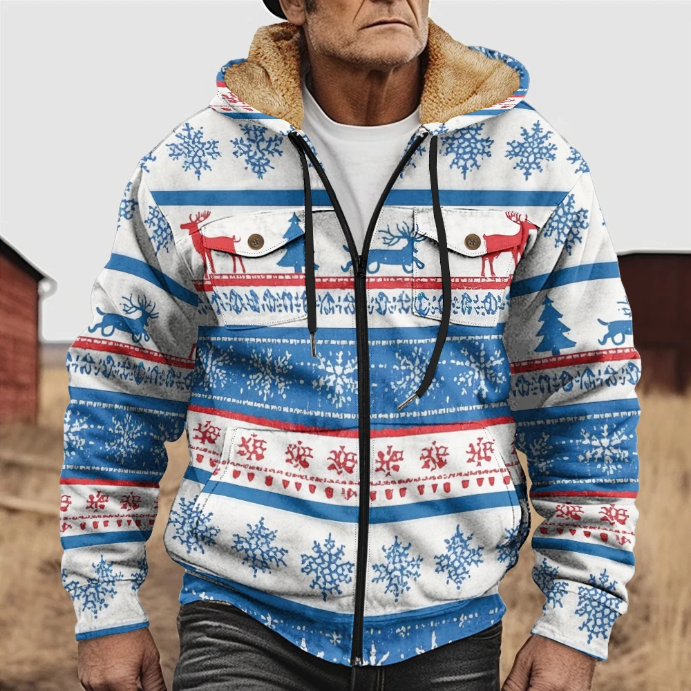 

Vibrant Green Red Christmas Reindeer Tree Snowflake Hooded Jacket Cozy Fleece Lined Winter Warm Coat Festive Holiday Outerwear