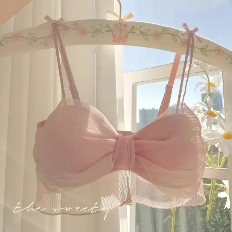 Sexy Lace Tulle Bikini Push Up Bra Bow Womens Underwear Female Sexy Japanese Sweet Wireless Lingerie Girl Comfortable Bralette