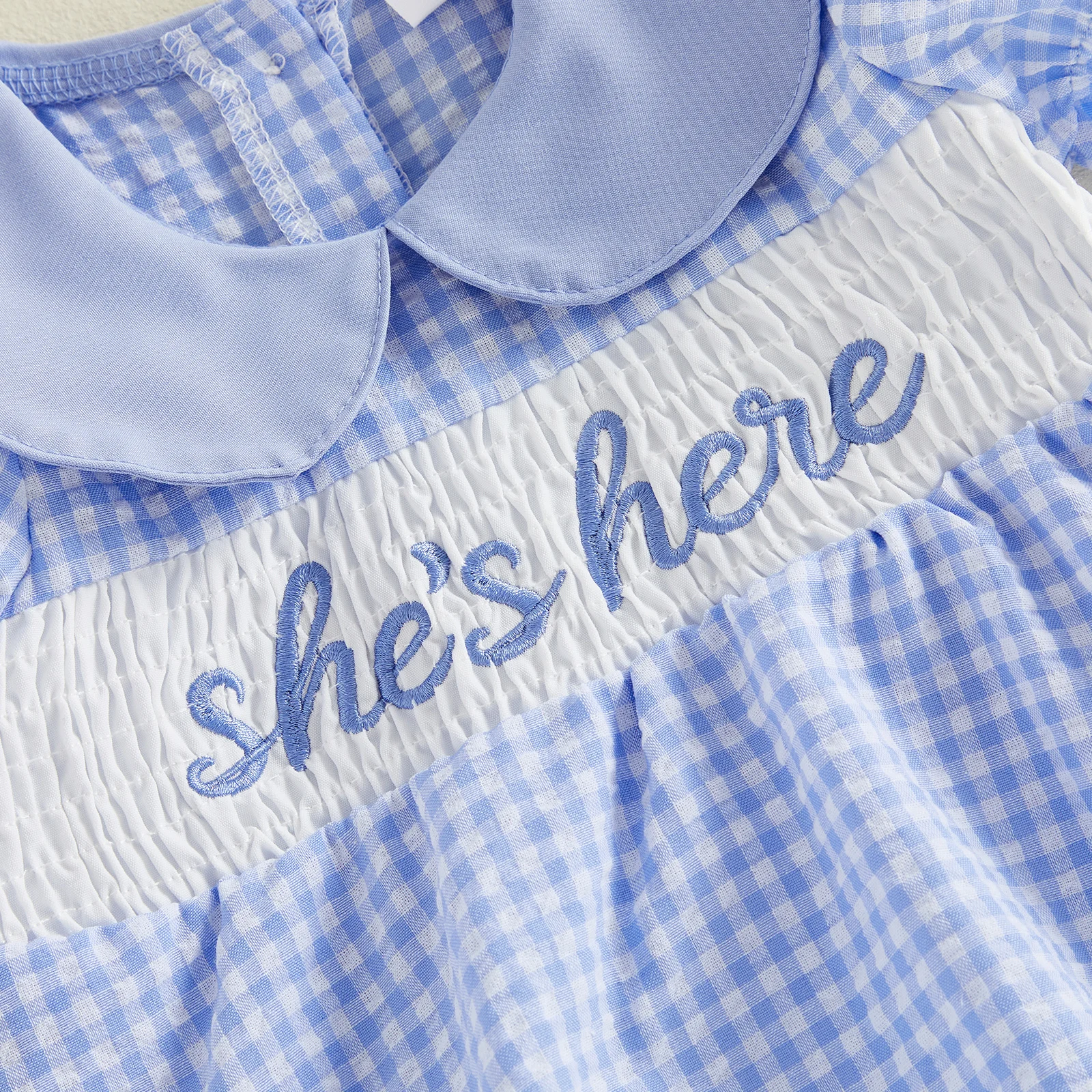 

Infant Baby Girl Romper Dress Summer Puff Short Sleeve Doll Collar Plaid Print Letters Embroidery Bodysuits Jumpsuit Sunsuits
