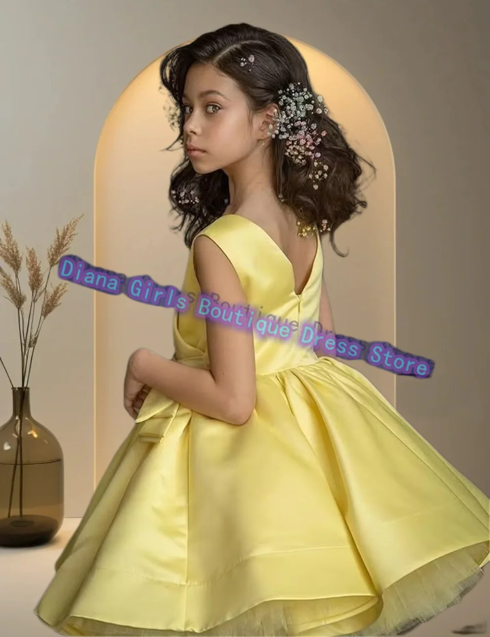 

Lovely Flower Girl Dress Yellow OR Blue Fluffy Satin for Wedding Little Girls Birthday Party Banquet Princess Christmas Gowns