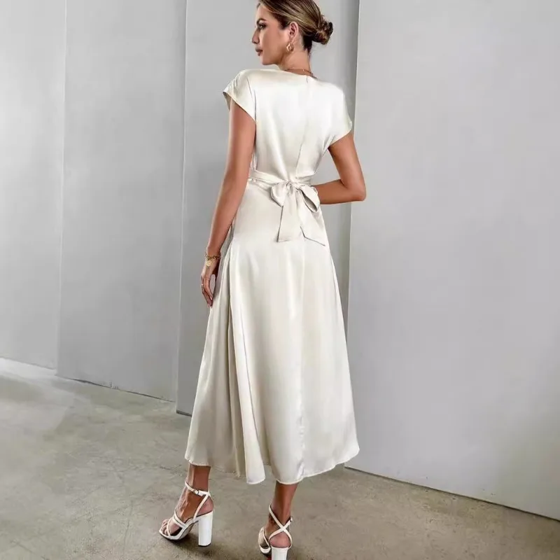 Elegancka damska letnia gorsetowa sukienka imprezowa Sexy 2025 Krótki rękaw O Szyja Bandaż Satynowa długa wieczorowa sukienka dla gości Gala Koktajlowa sukienka dla gości