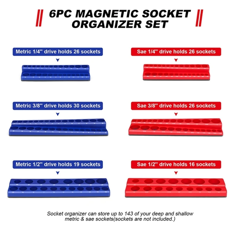 Rust Resistant Magnetic Socket Organizers Set,Securely SAE & Metric Socket Holder, for 1/2, 3/8 & 1/4Inch Drives