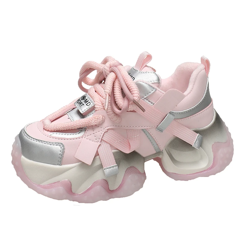 

Женские теплые кроссовки на платформе, Повседневная Спортивная Кожаная обувь на массивном каблуке 6 см, для осени и зимы