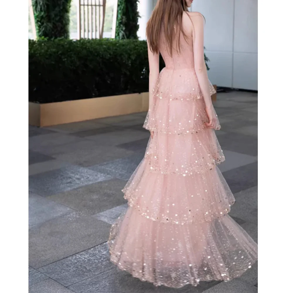 Sparkly Pink Long Prom Dresses for Women Tulle Tiered Floor-Length A-Line Evening Party Special Events Wedding Guest Dress 2024