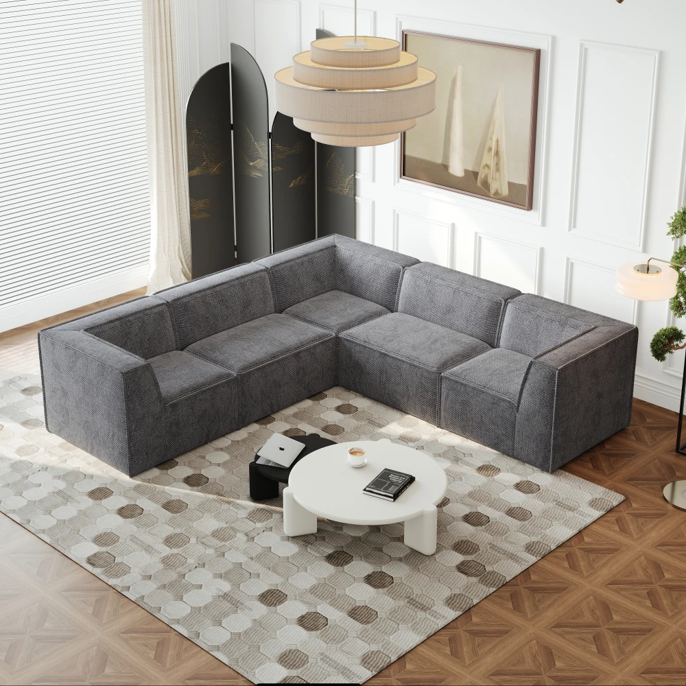 Chenille Modular L Shaped Sectional Sofa, Luxury Upholstered Floor Couch Set Foam-Filled Compressed Sofa for Living Room Bedroom