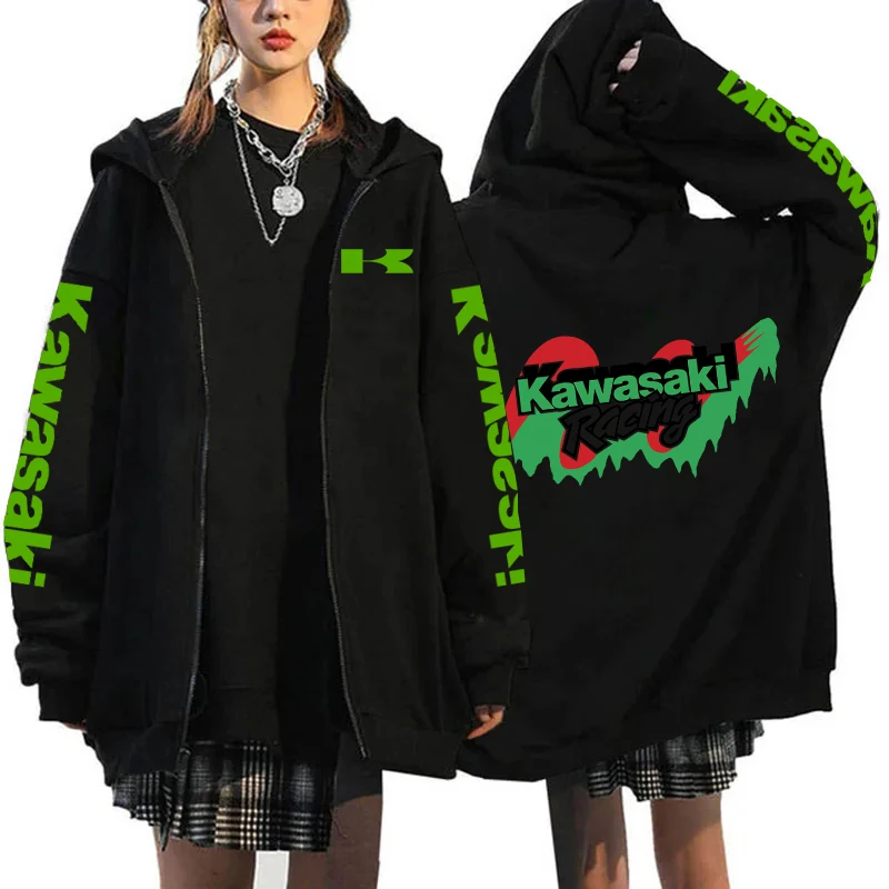 Kawasaki motosiklet logosu erkekler fermuar Hoodie 2024 İlkbahar sonbahar Y2K moda erkek kazak 2024 yeni spor kadın ceket mont