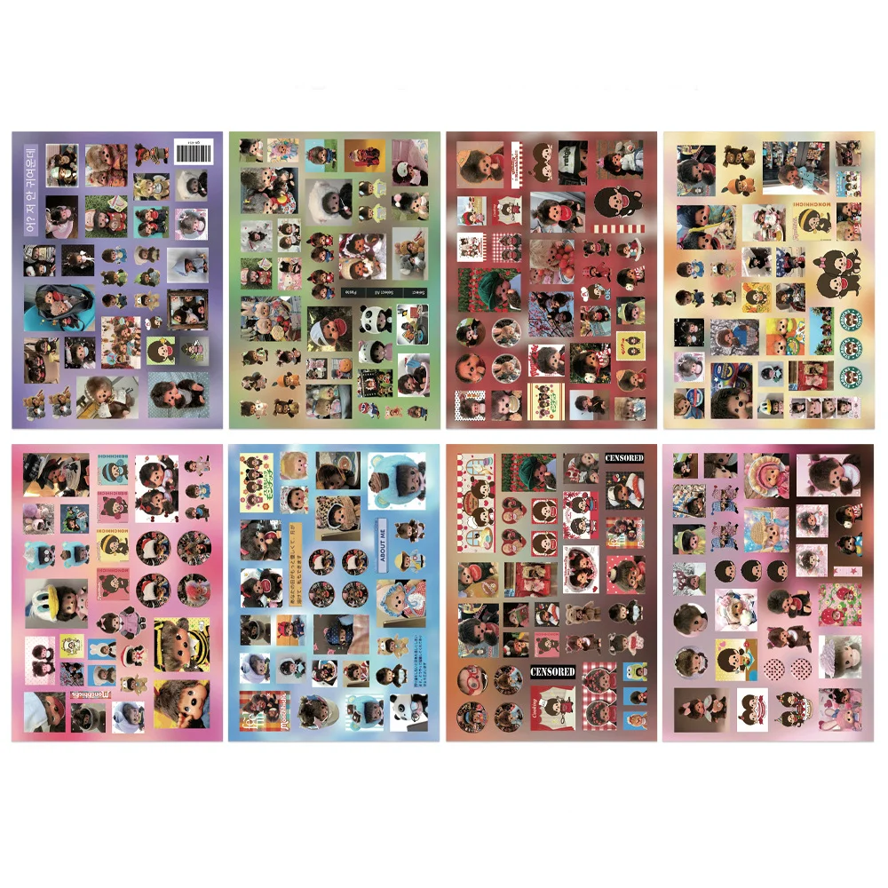 8/16 Blatt Niedliche Monchchi-Puzzle-Aufkleber aus PVC-Material, DIY Handy-Dekoration, Kinderspielzeug, Scrapbook, Wasserfeste Graffiti-Aufkleber