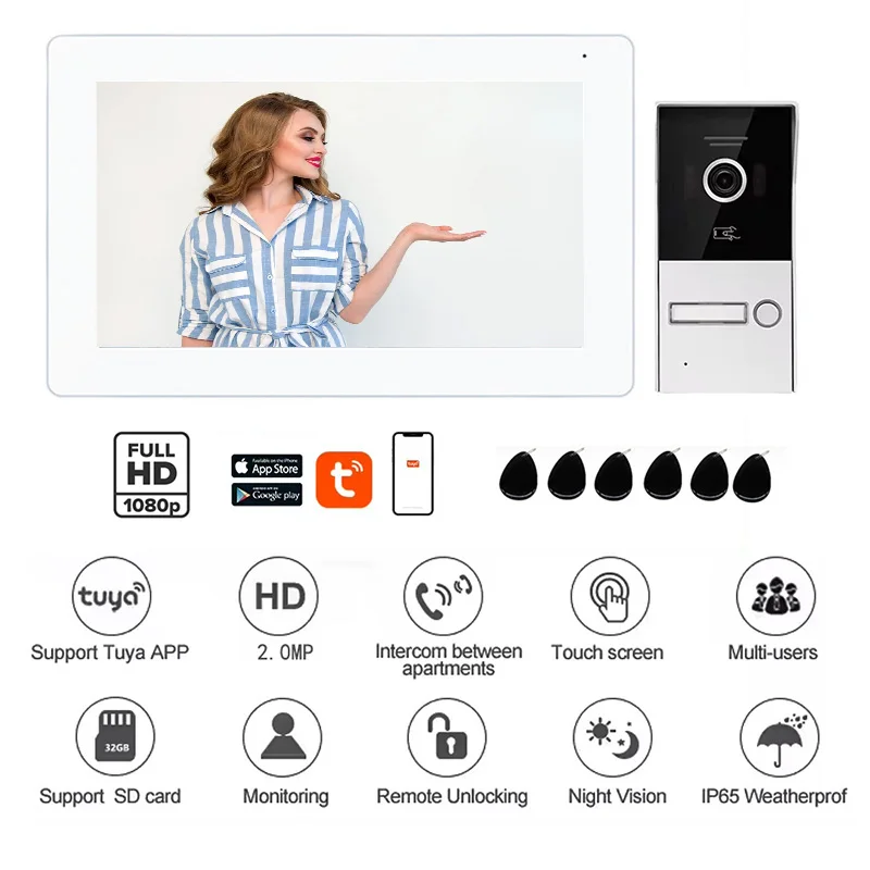 Jeatone Tuya 7 Inch WiFi 1080P Video Intercom Smart Home APP Wired Video Door Phone Touchscreen Monitor RFID Access Control Kits