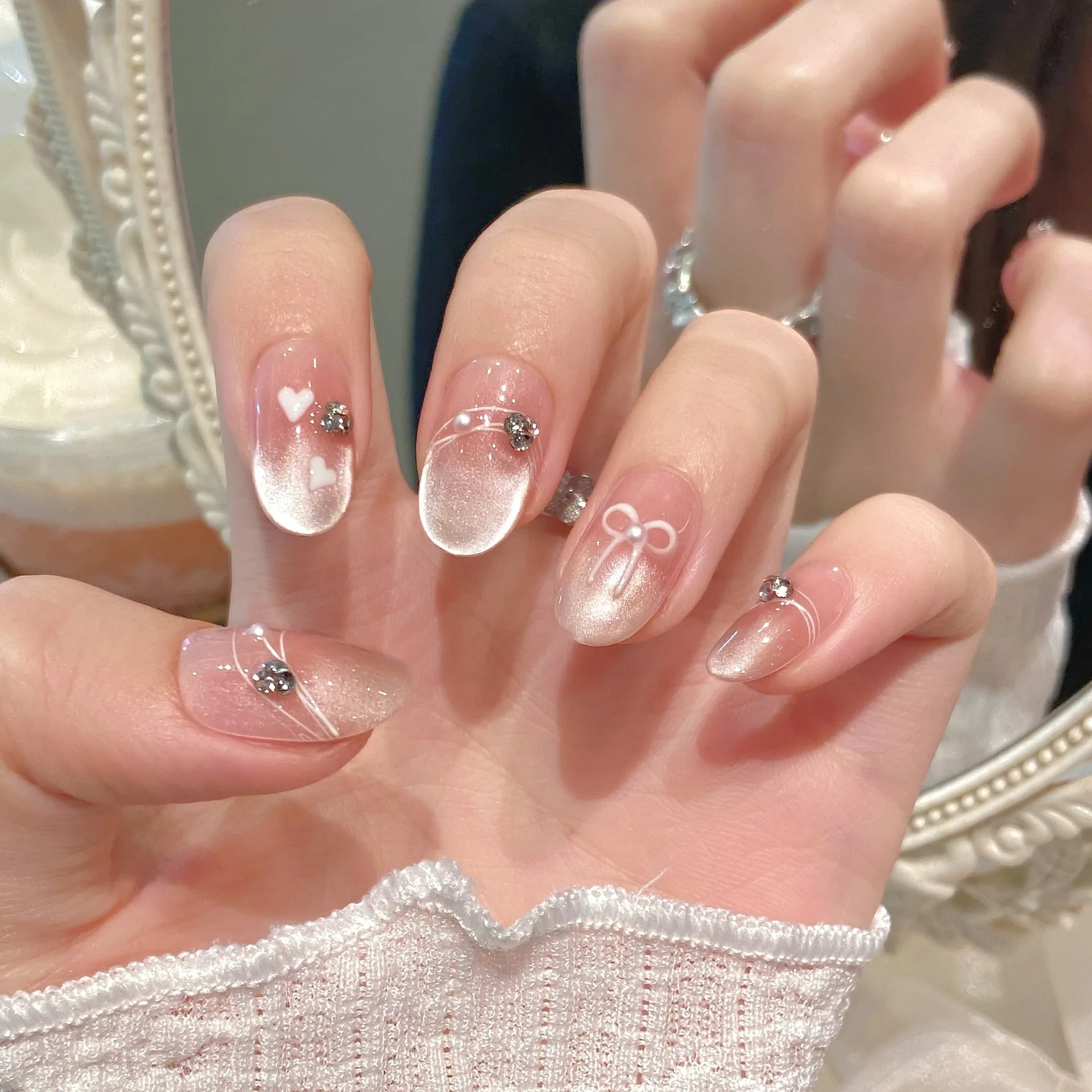 Handmade Sweet Pink Press on Nails with Bow Decor Shiny Cat Eye Fake Nails for Women Girl Wearable Reusable Korean False Nails
