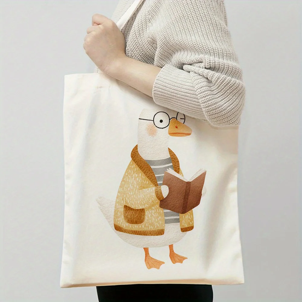 1pc, a Canvas Tote Bag Featuring a Duck Reading a Book, Perfect for Grocery Shopping (35.05cm X 40.13cm). A Fashionable Bag for