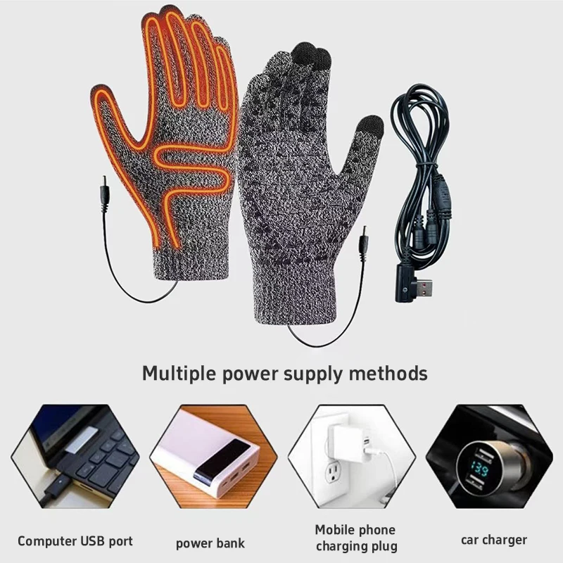 Usb Electric Heated Gloves Knitted Thermal Anti Slip Hand Warmer Adjustable Temperature Touchscreen Outdoor Cycling Fishing Ski