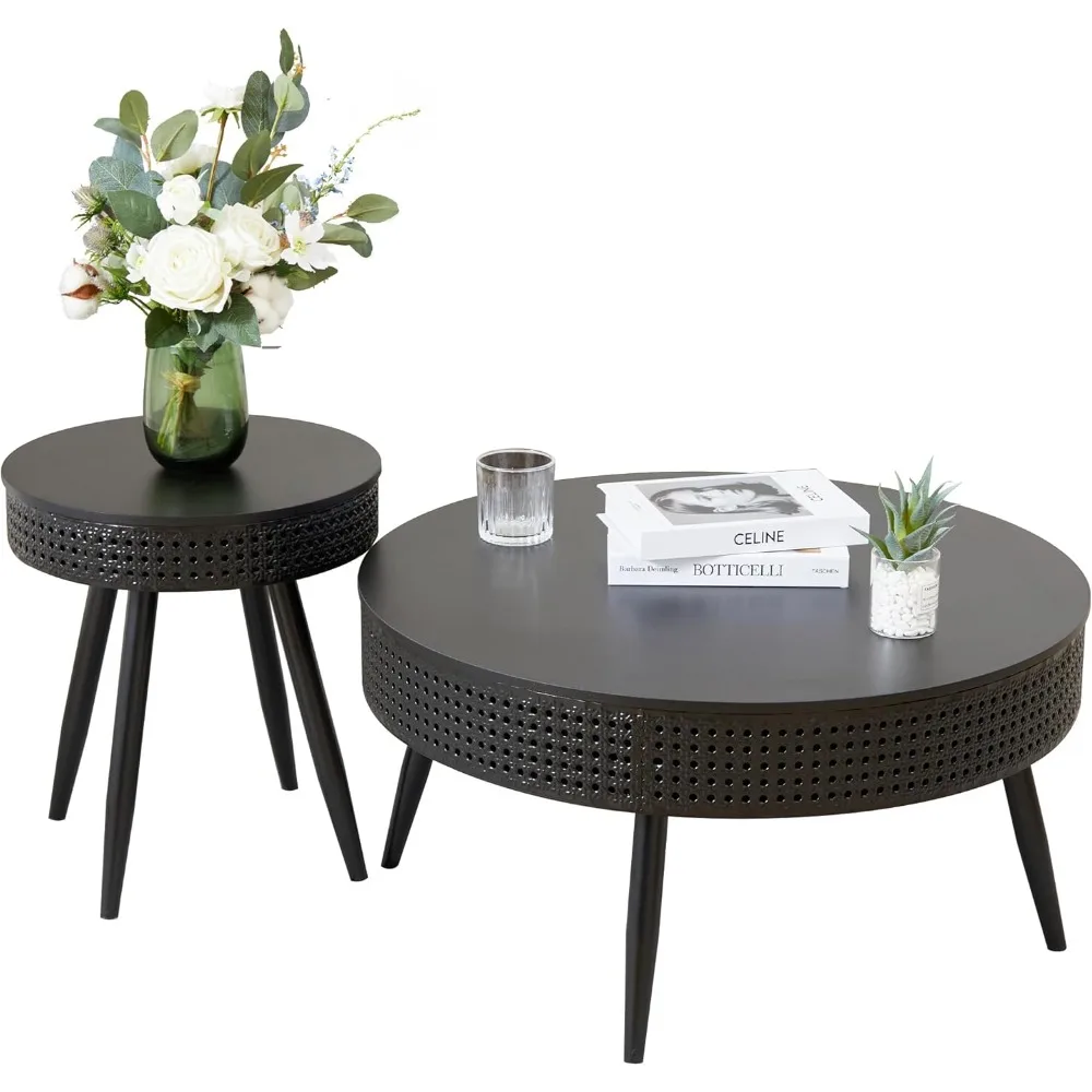 

Modern Farmhouse Round End Table Set of 2,Iron Rattan Coffee Table with Hidden Storage Basket,29.1” Nesting Side Table
