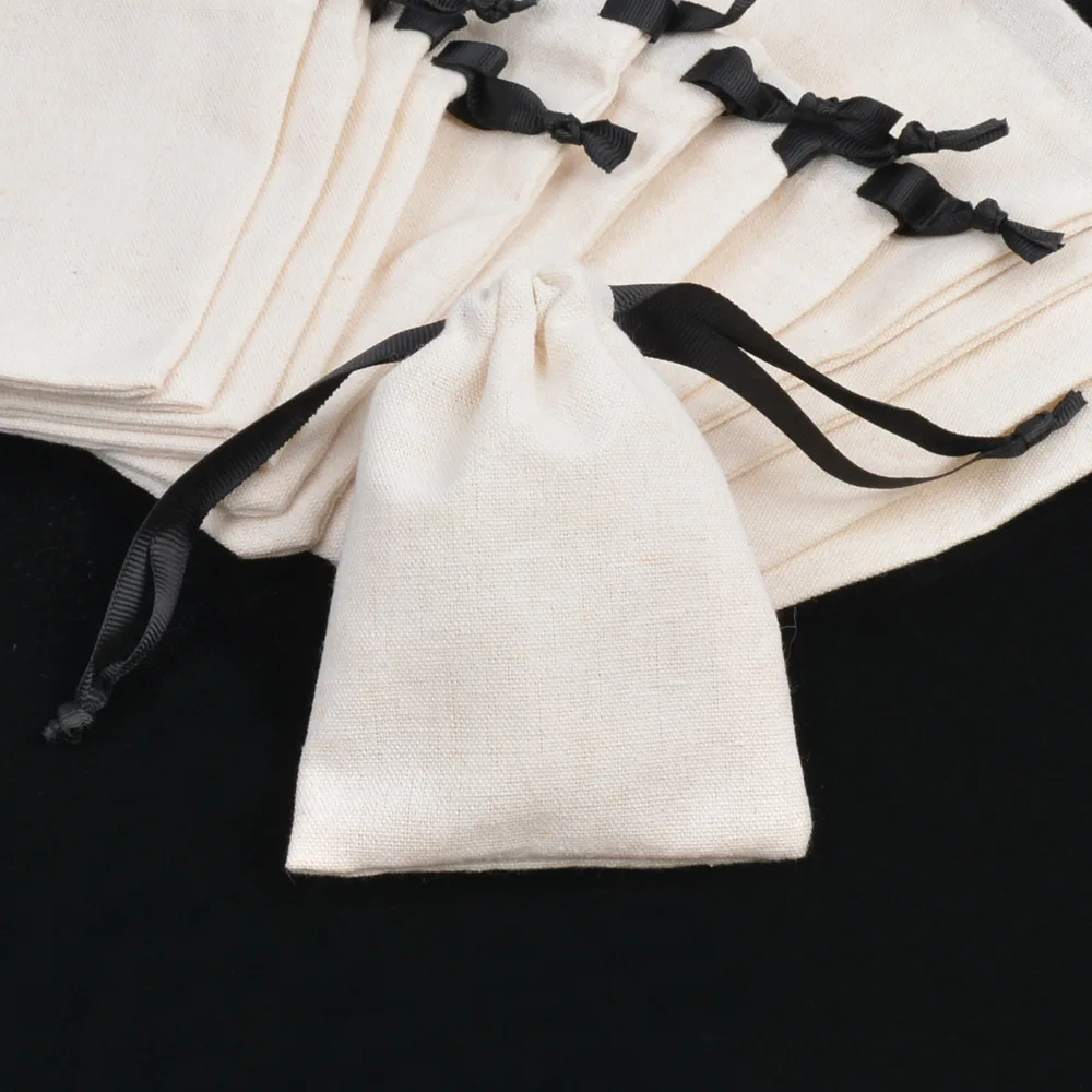 20pcs/lot Black Rope Natural Cotton Drawstring Bags Gift Pouches for Makeup Jewelry Storage Organizer Custom Logo