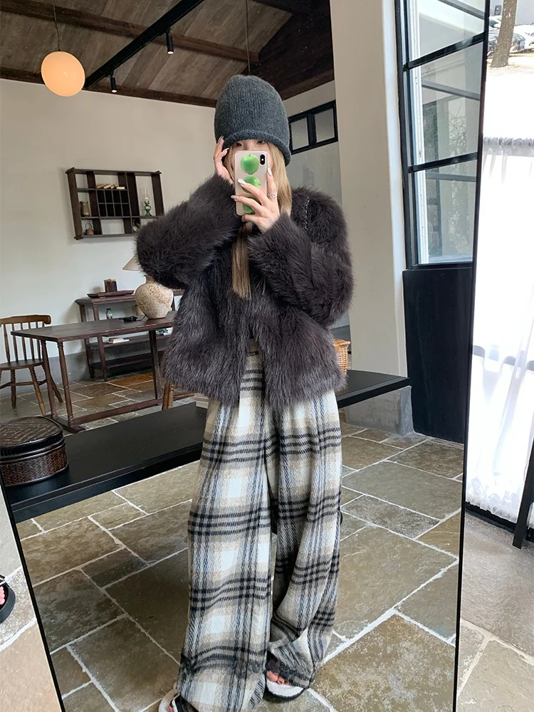 

Wangking Khaki Woolen Casual Pants Women's Straight Leg Loose Cheered Trousers Autumn Winter Design High Waist Wide Leg