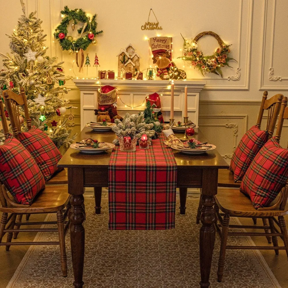 Plaid Pattern Christmas Table Runner Scottish Long Table Cover Polyester Cotton Multiple Sizes Tablecloth Hotels
