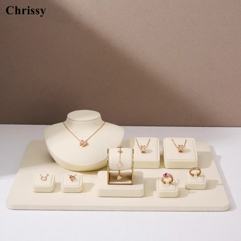 Microfiber Beige Jewelry Display Props Tray For Ring Earring Bracelet Necklaces Counter Window Display Jewelry Props Set