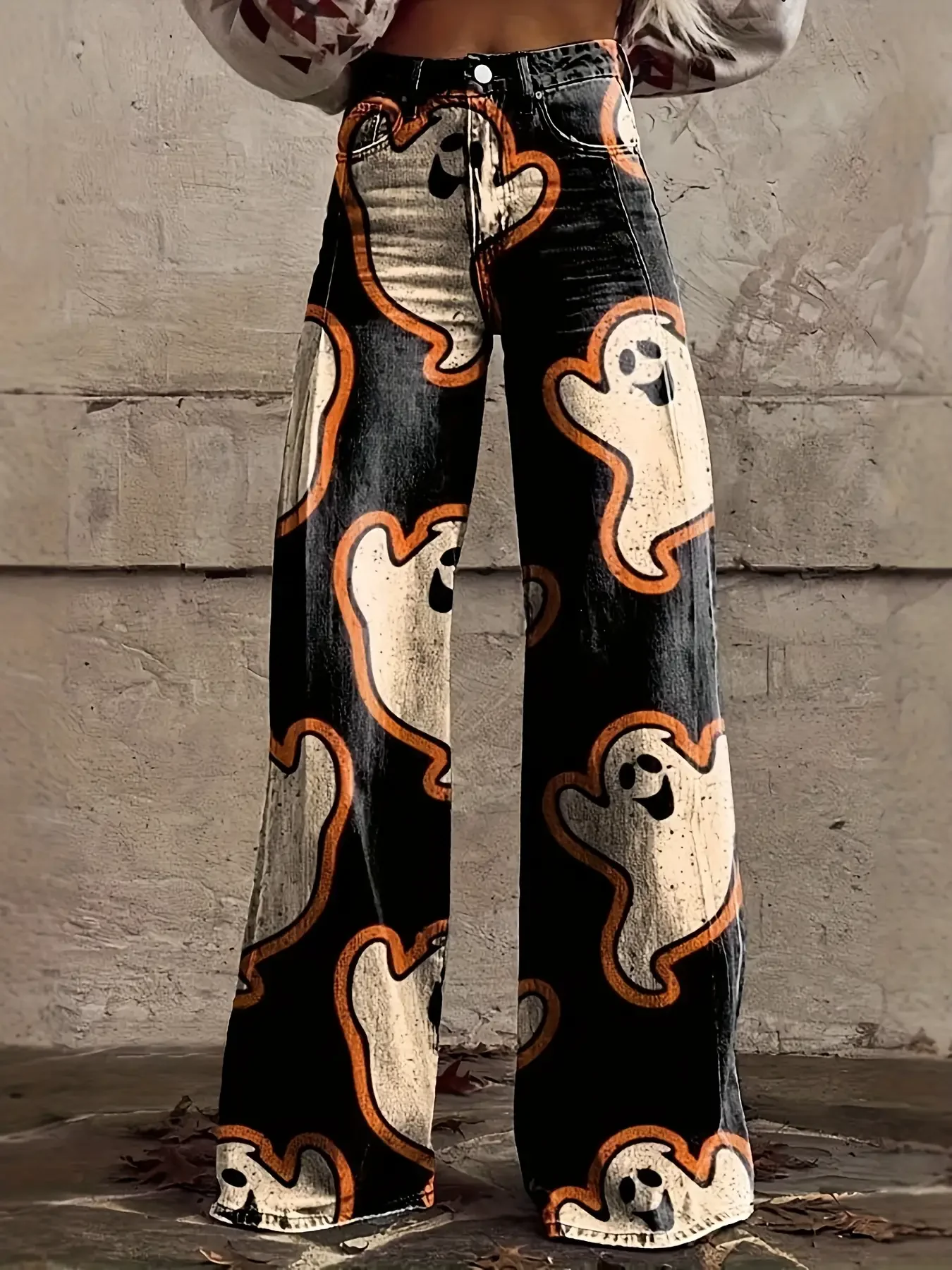 Women's new printed jeans with denim like fabric, Retro Romantic Pink Black Rose Pattern Printed Loose Horn Imitation Jeans