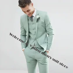 Light Green Men Suits Wedding Tuxedos Fashion Groom Formal Wear Slim Fit Blazer Jacket+Pant+Vest Costume Homme