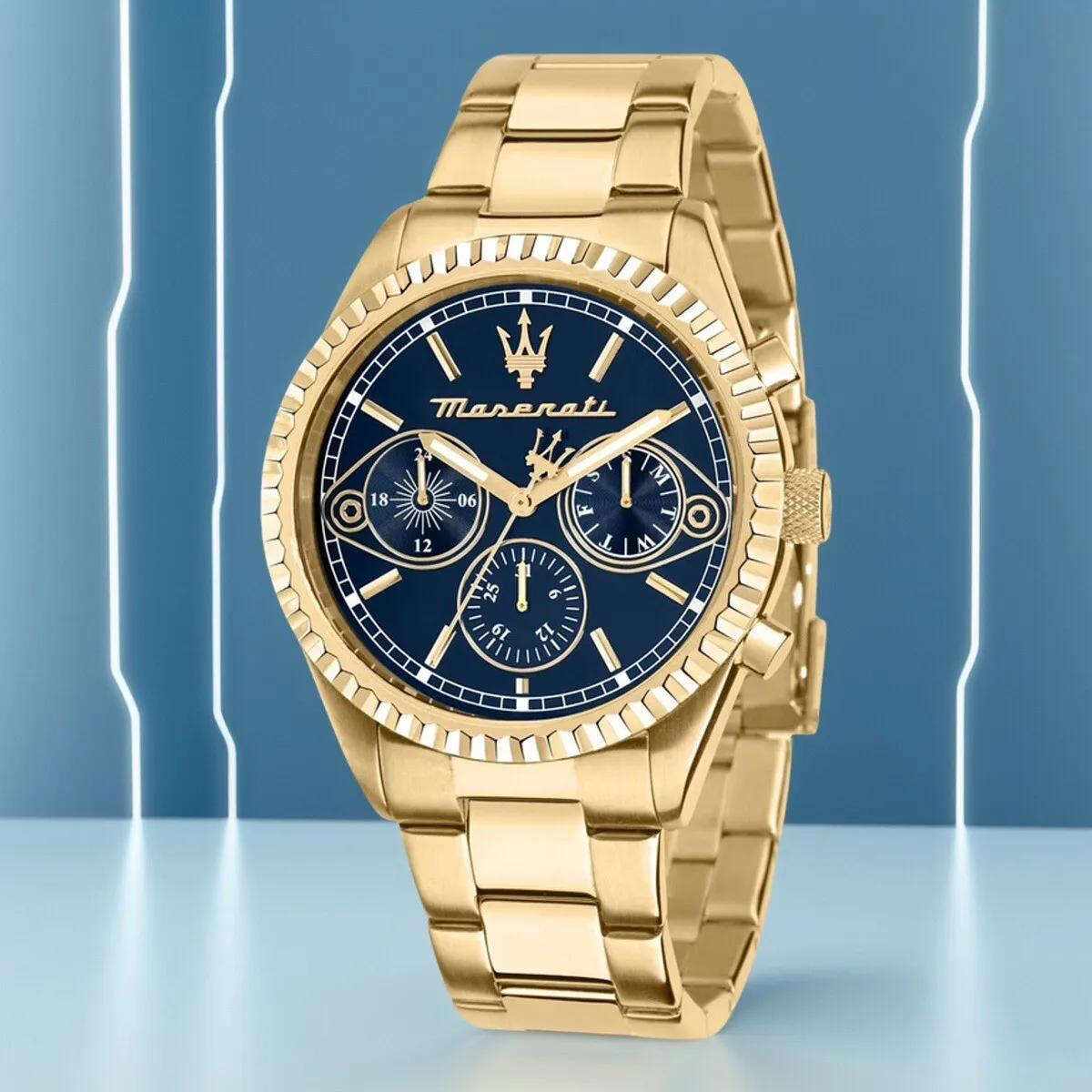 Relojes Maserati originales de lujo para hombre, esfera de tendencia de moda dorada Shi Ying, reloj de negocios europeo y americano, oro azul R88531000