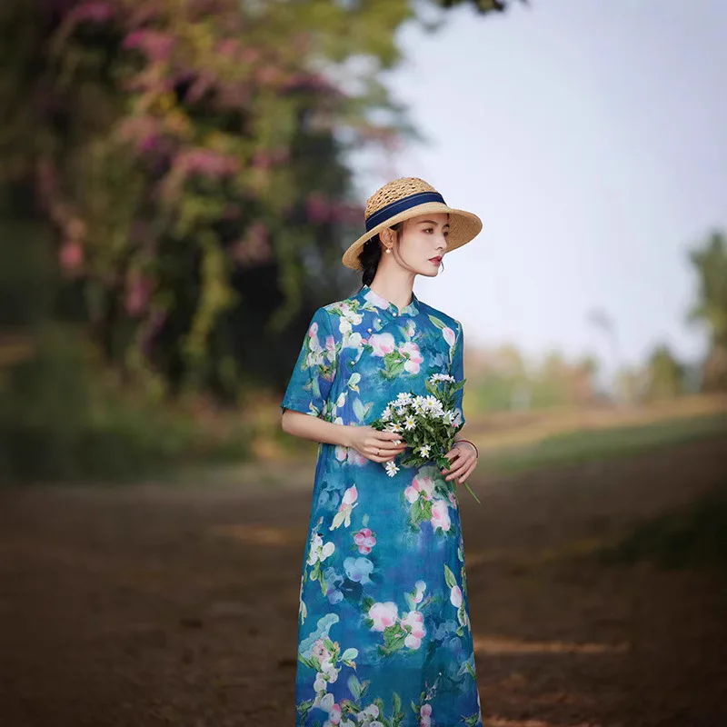 

Ramie dress age-reducing five-quarter sleeve stand-up collar buckle printing improved cheongsam fashion casual versatile simple