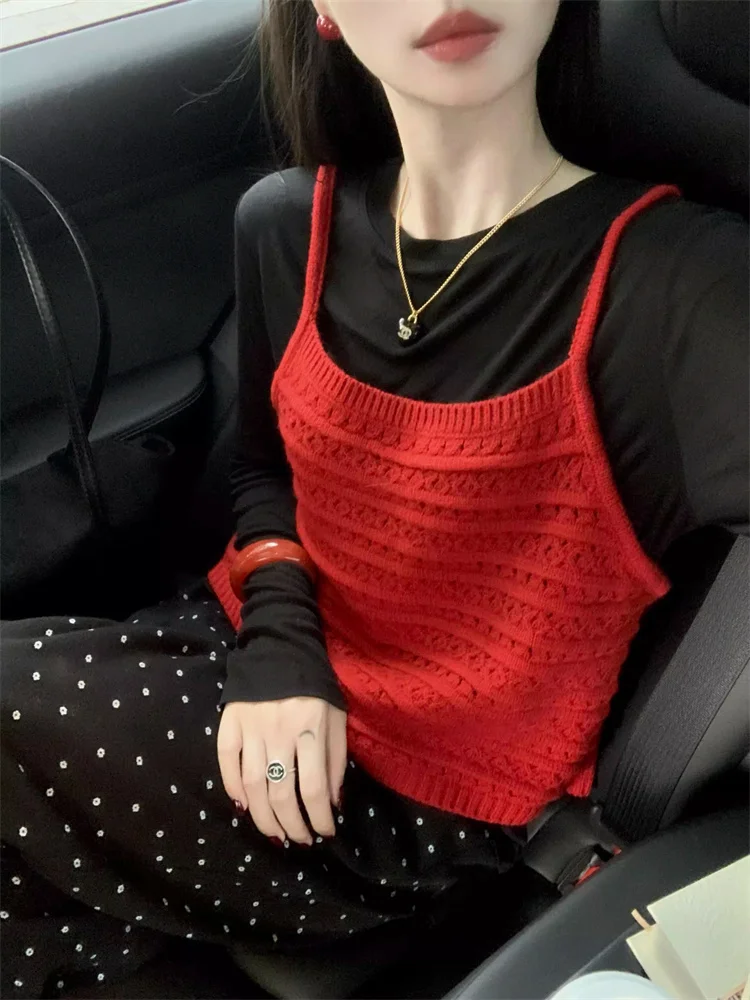 

Red Back Split Knitted Vest Casual Pants Three Piece Set plus Size Women's Fashion Commute High Waist Long Sleeve round Neck