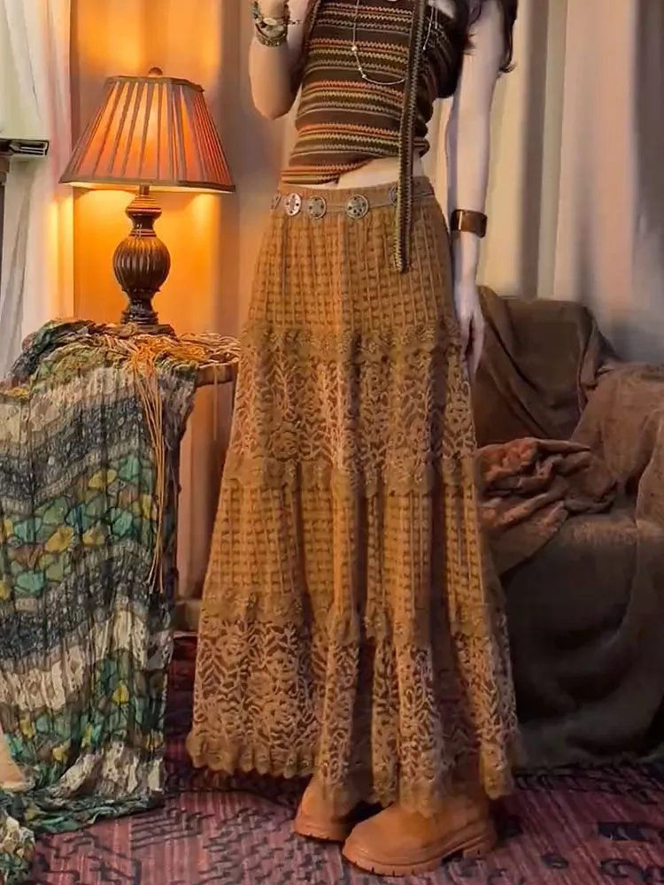 

Ретро-юбка в американском стиле с кружевной вязкой, высокая талия, цвет карамель, облегающая, летняя, новый дизайн, корейский стиль, для женщин, для повседневной носки