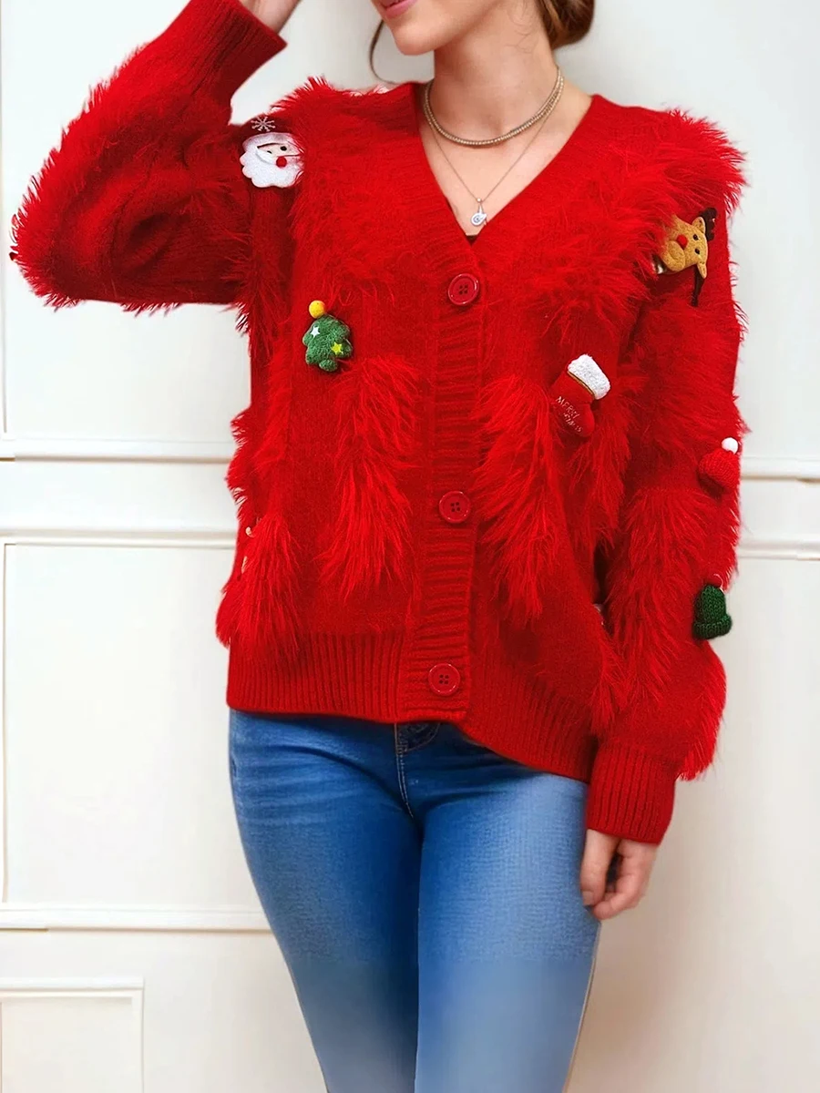 Women’s Christmas Cardigans Fuzzy Long Sleeve V Neck Button Down Sweaters Classic Winter Tops