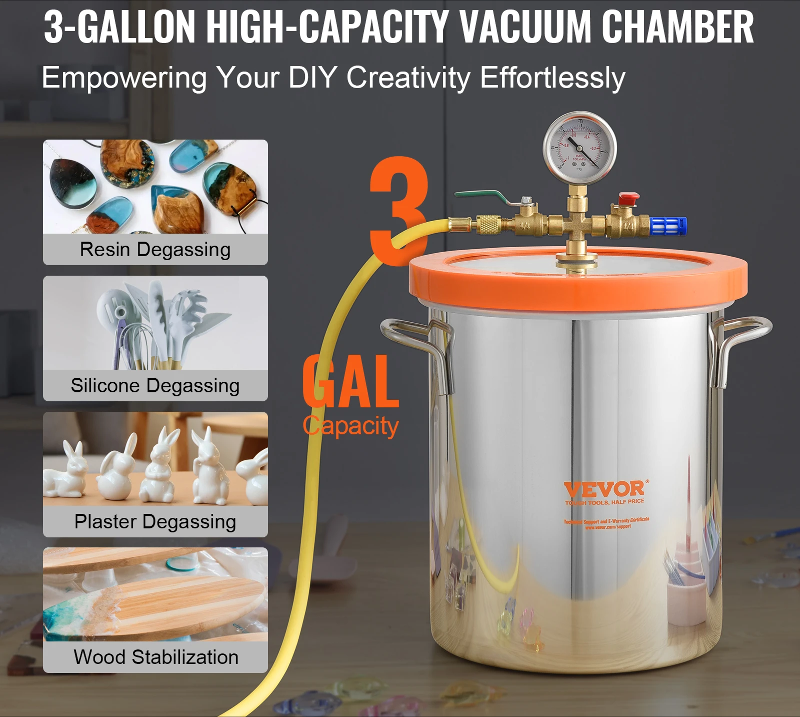 3/5 Gallon Vacuum Chamber Glass Lid Vacuum Degassing Chamber for Stabilizing Wood Resin/Silicone/Plaster Degassing