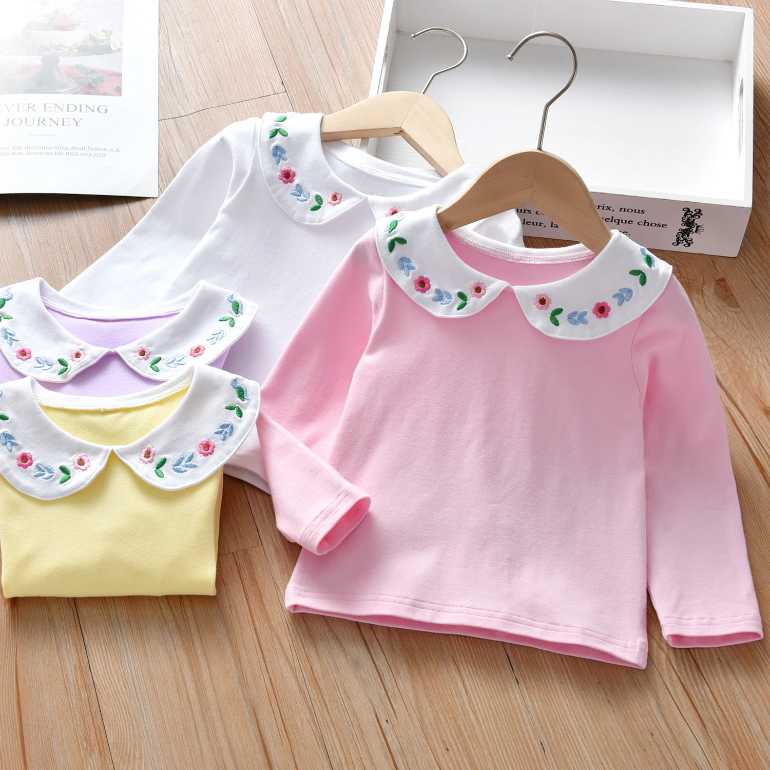 1-7 Years Old Girls' Base Shirt Comfortable Cotton Children'S Long Sleeve T-Shirt Embroidered Flowers Kids Daily Casual Top