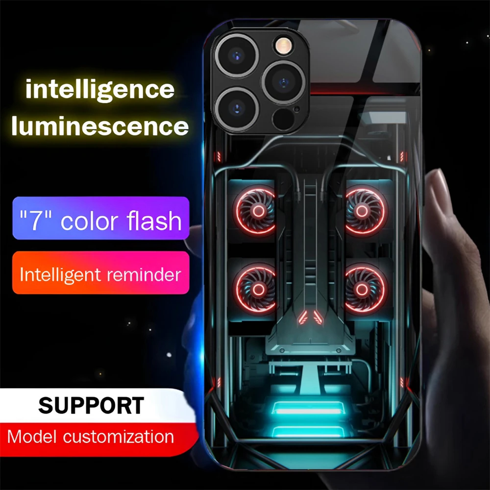 

Cyber CPU Fan Pattern Smart LED Light Glow Tempered Glass Phone Case For iPhone 16 E 15 14 13 12 11 Pro Max XR XS Plus SE2020