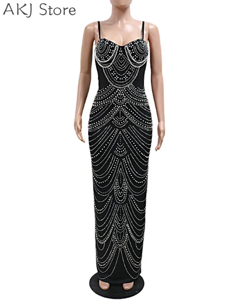 Sexy durchsichtiges Mesh-Perlen-Strass-Patchwork-Partykleid