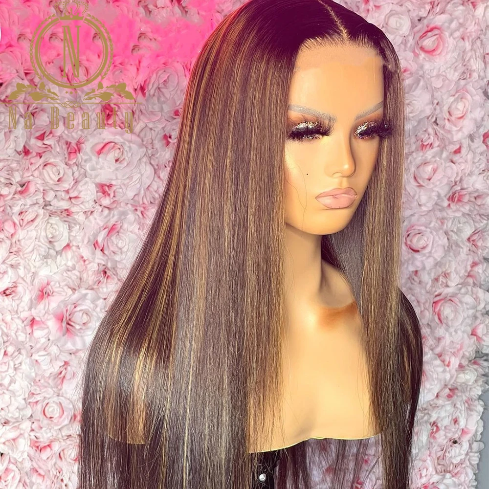 

Highlight Brown Blonde Colored Human Hair Wig Straight Ombre HD Transparent Lace Front Wigs 13x4 Lace Front Bleached Knots 150%