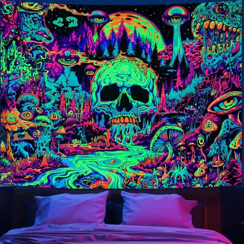 VIKAMA Trippy Skull Tapestry Wall Hanging Blacklight Uv Reactive Mushroom Forest Psychedelic Aesthetic Wall Art Dorm Decor