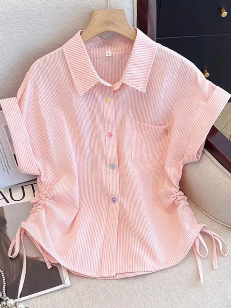 

Korean Fashion Blouses Striped Pockets Draw String Crop Top Turn Down Collar Shirts Casual Loose Summer All Match Women Clothing