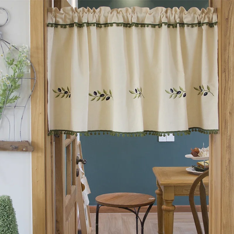 Pastoral Olive Leaf Embroidery Short Curtain for Door Cupboard With Green Tassel Ball Bottom Kitchen Coffee #D