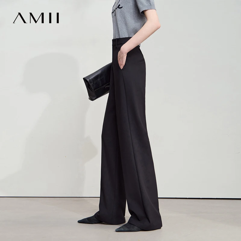 AMII 2025 الخريف بنطال ذو قصة أرجل واسعة بساطتها الصلبة أنيقة مكتب سيدة سليم السراويل الطويلة عادية فضفاض الأعمال بنطلون 12543034