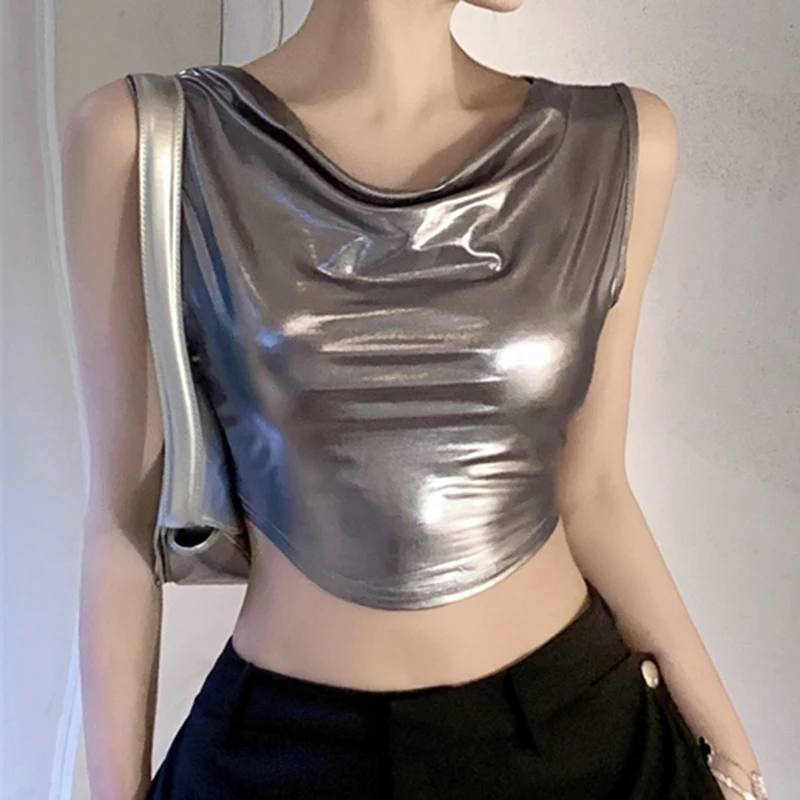 2024 spring and summer women\'s sexy slim female collar curved hem vest female tight short silver top women clothing