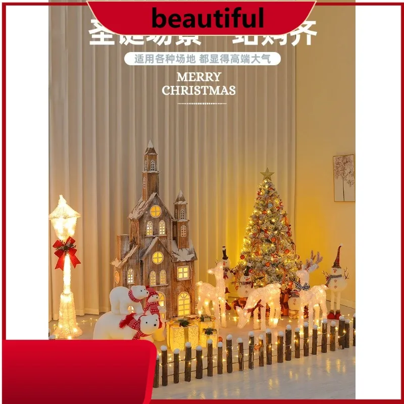 Christmas Tree Scene Package Glowing Christmas Cabin Decorations Hotel Window Christmas Bear Elk  H