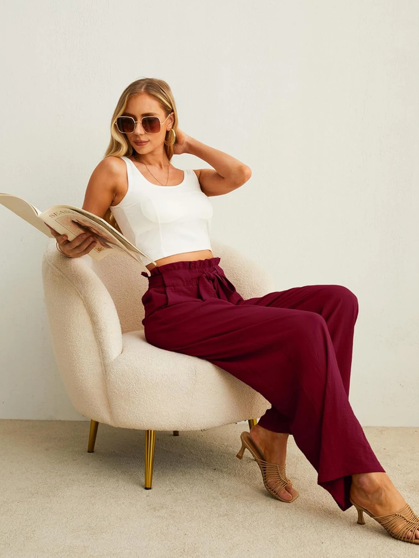 Damen-Freizeithose mit hoher Taille und weitem Bein, mit Taschen, verstellbarem Kordelzug, locker, schlank machend, bequem für den Urlaub – Detail 11