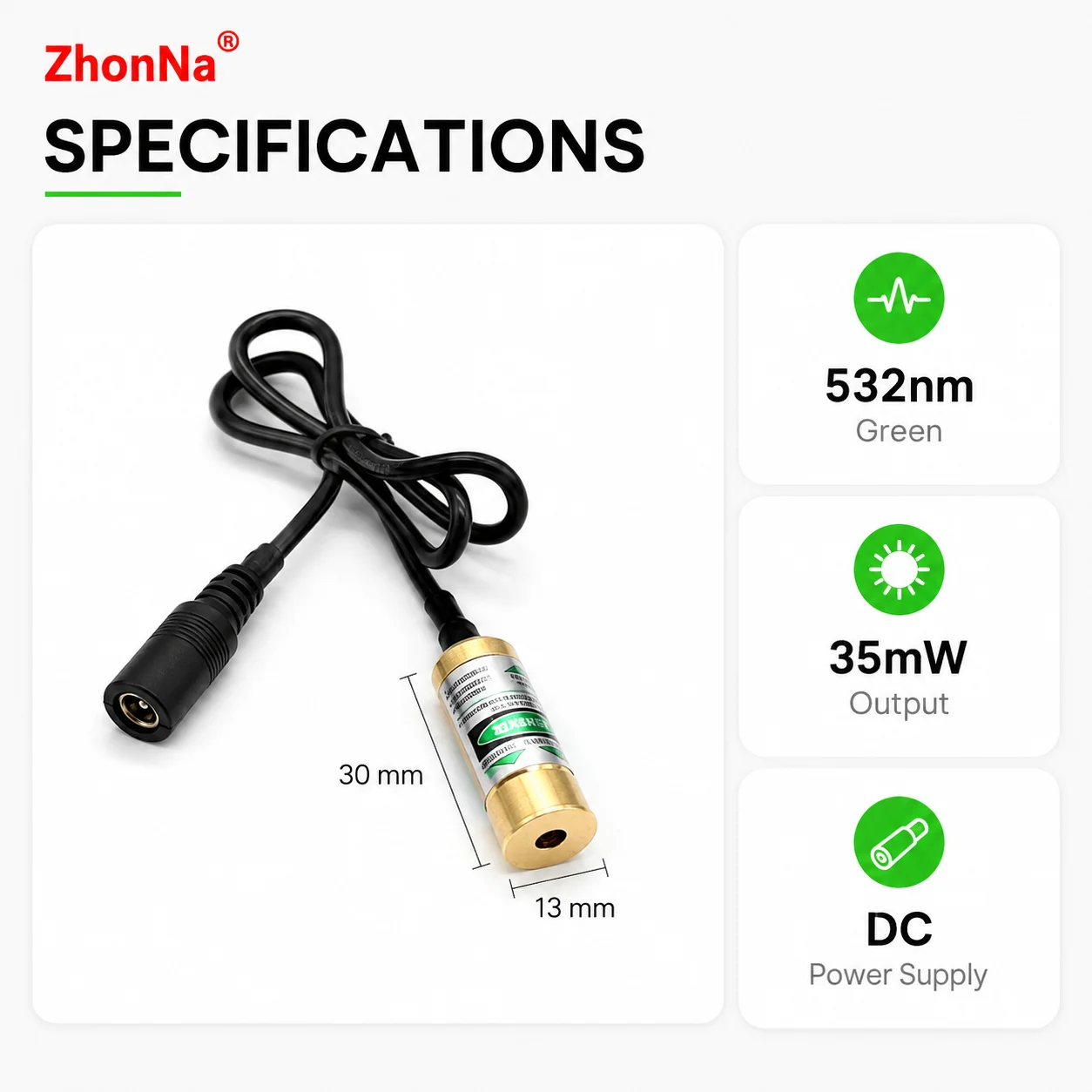 ZhonNa 532nm Green Laser Module Single Point DIY Calibration Display DC Power Supply Tool Instrument Accessory 35mW 13x30mm Lens