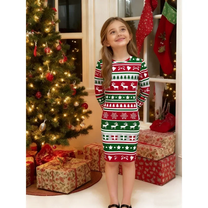 2026 Girls Christmas Themed All-Over Printed Long Sleeve Slim Dress Kids Holiday Atmosphere Dress