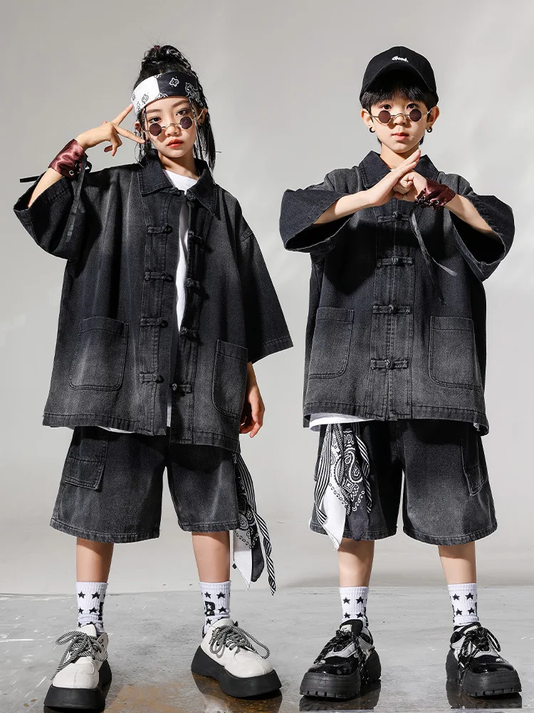 Boys Street Dance Costume Hip Hop Outfits Black Denim Shirt Shorts Kids Break Poppin Performance Wear Girls Jazz Clothes BL14283